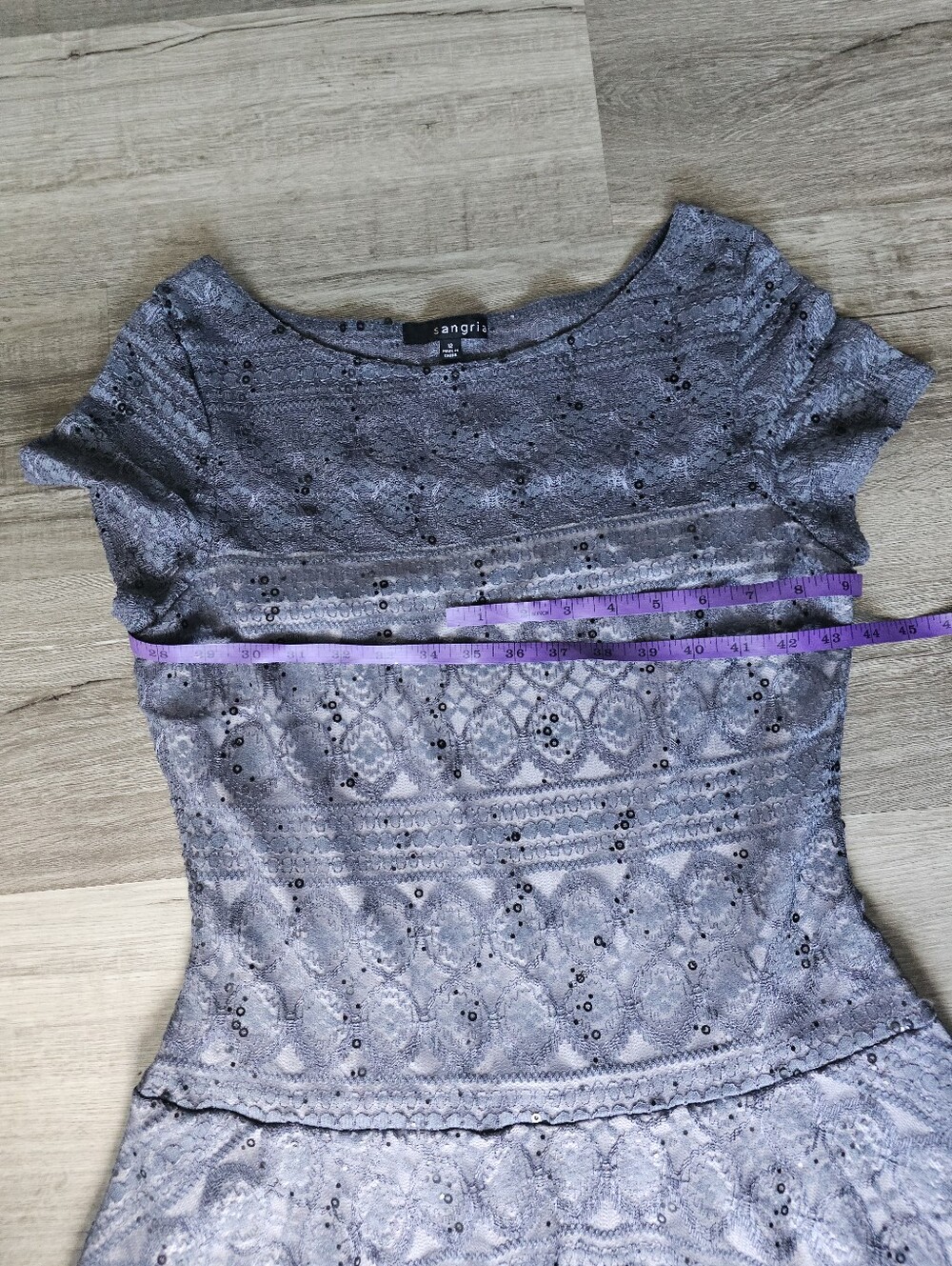 Sangria Lace Sequin Fit & Flare Cocktail Dress Grey/Lavender Size 12 - Picture 9 of 15
